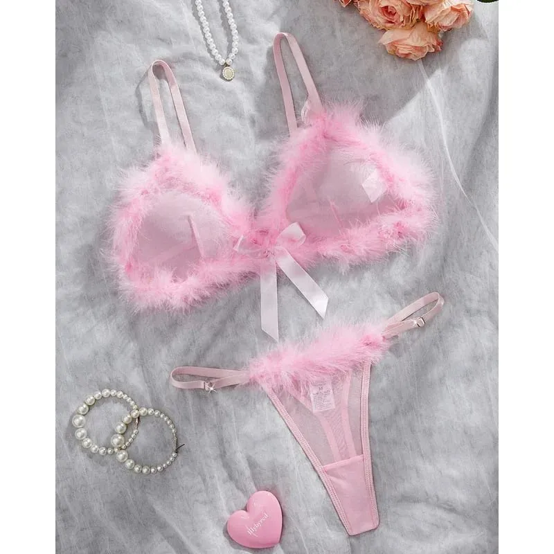 Valentine Lingeries Sexy Hot Cute Bra Hilitos 2PC Romantic Intimate Fluffy Decor Pure Desire Fantasy Women's Underwear