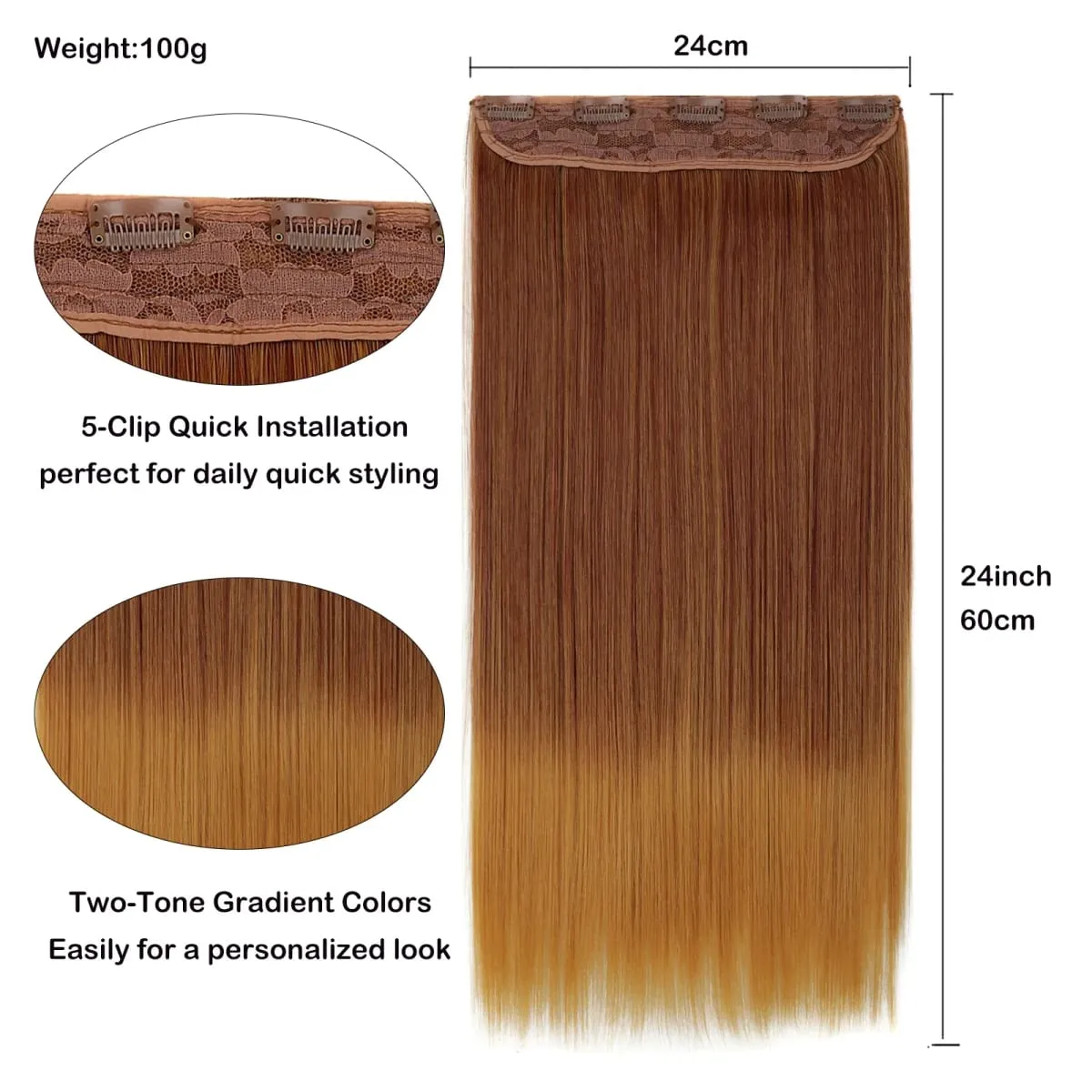 One Piece 5 Clips Long Straight Synthetic Clip In Hair Extension Ombre Gradient Color Hairpiece For Daily Party