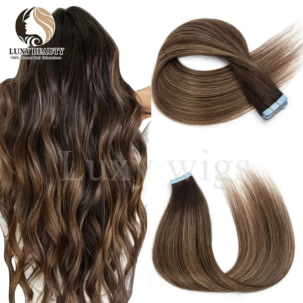 Highlights Brown Tape in Hair Extensions Human Hair Straight Black Blonde Seamless PU Skin Weft Tape In Hair Extensions 20PCS — image 11