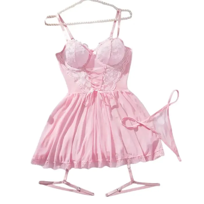 Pink Cute G-strings Lingerie Set Erotic Night Dress Sexi Lenceria Suspenders Ultra-thin Underwear Women Hot Semi-Sheer Nightgown — image 1