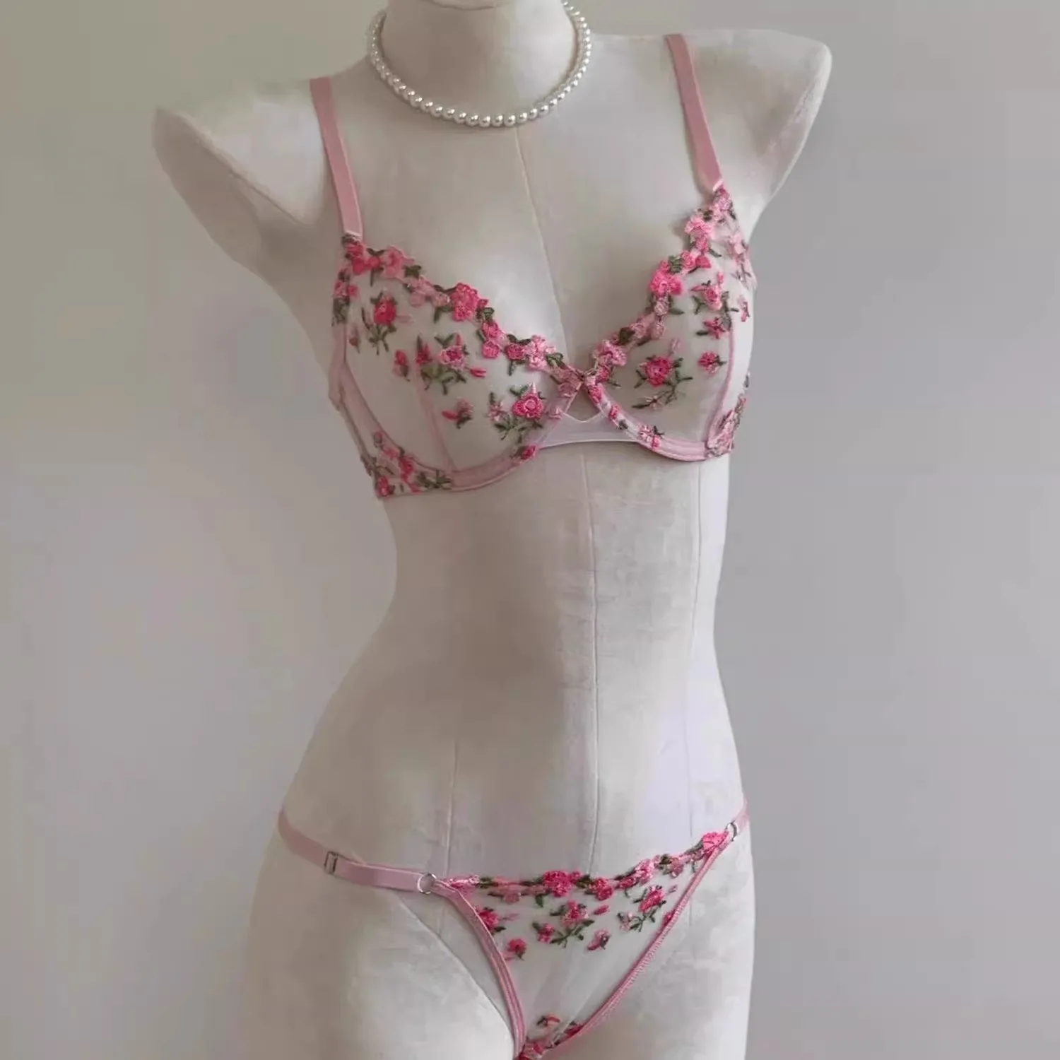 Kawaii Japanese Lingerie Set Sheer Tulle Pink Floral Embroidery Bra Bralette sek-si Pure Matching Set BANERDANNI Tushy Bras — image 1