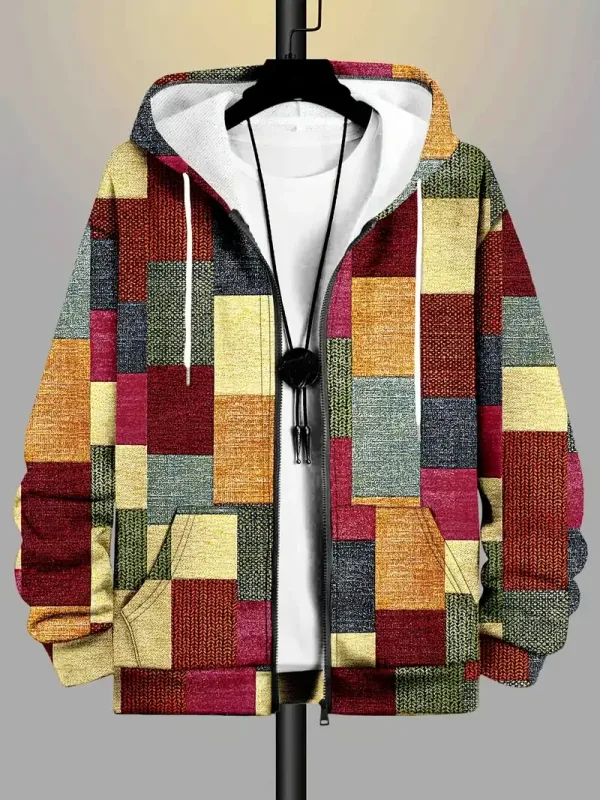 Retro Plaid Print Patchwork Zip Up Hoodie Men's Clothing Hot Style Long Sleeve Pullover Trend Streetwear Men Zip Up Hoodies — image 8