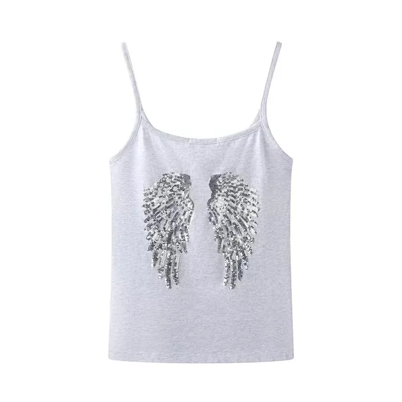 2026 Summer Women Y2K Vintage Sequin Angel Wings Back Print Spaghetti Strap Cami Top Slim Fit Casual Streetwear Party Tank Vest