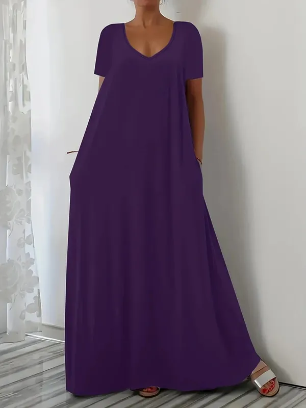 Plus Size Summer new long skirt casual loose short sleeved solid color V-neck plus size dress for women