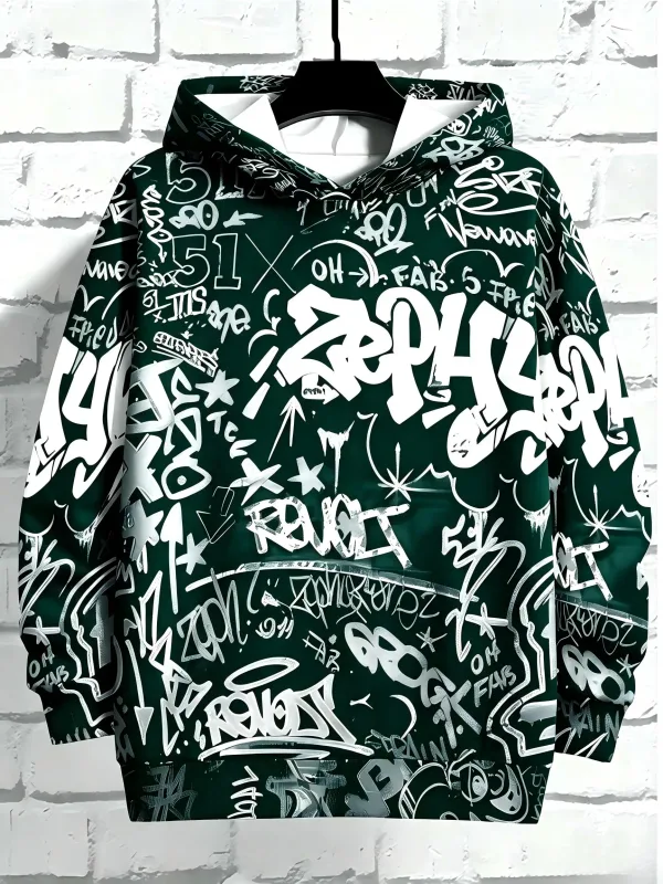 European and American Men's Autumn Gothic Letter Graffiti Print Soft and Comfortable Hooded Sweatshirt Outdoor Street Top — image 5