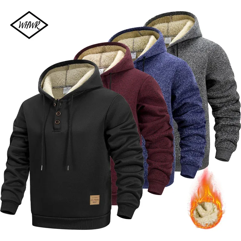 Felpa con cappuccio a mezzo bottone da uomo addensare felpe con cappuccio invernali maglione lavorato a maglia in pile caldo retrò pullover casual sportivo da corsa all'aperto — image 2