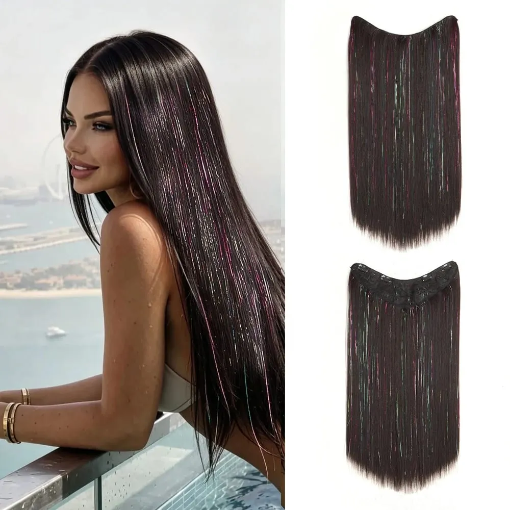 24Inch Synthetic Long Straight Clip‑in Hair Extensions Sparkling Tinsel Hair High‑Temp Fiber Hairpiece for Women Party Cosplay — image 8
