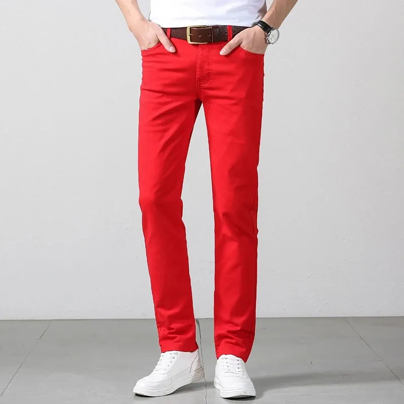 Elastic Cotton Slim Jeans Men Spring Korean Fashion Comfortable Casual Straight Leg Business Denim Trousers Yellow Pink Red