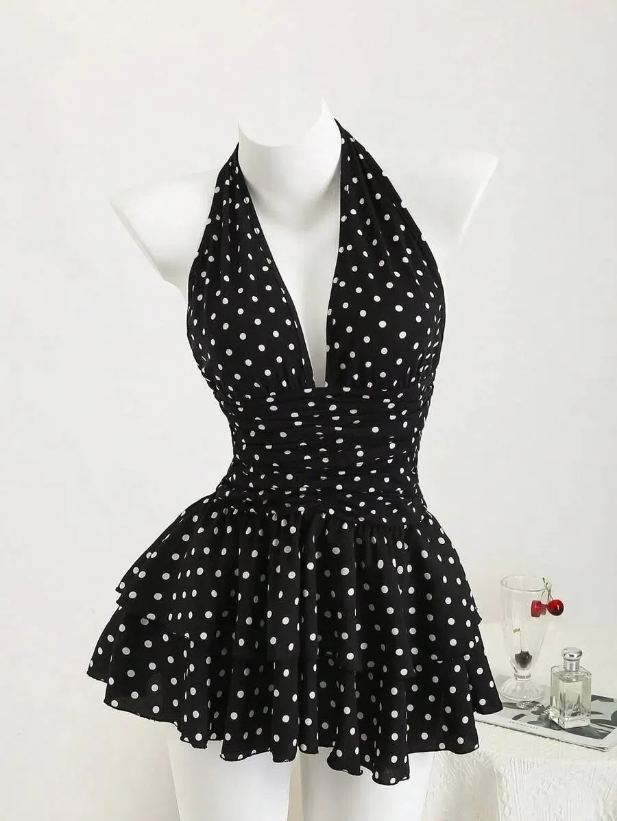 Vintage Polka Dot Halter Dress for Women Deep V‑Neck Backless Ruched Waist Tiered Ruffle Dress Retro Party Casual Short Dresses