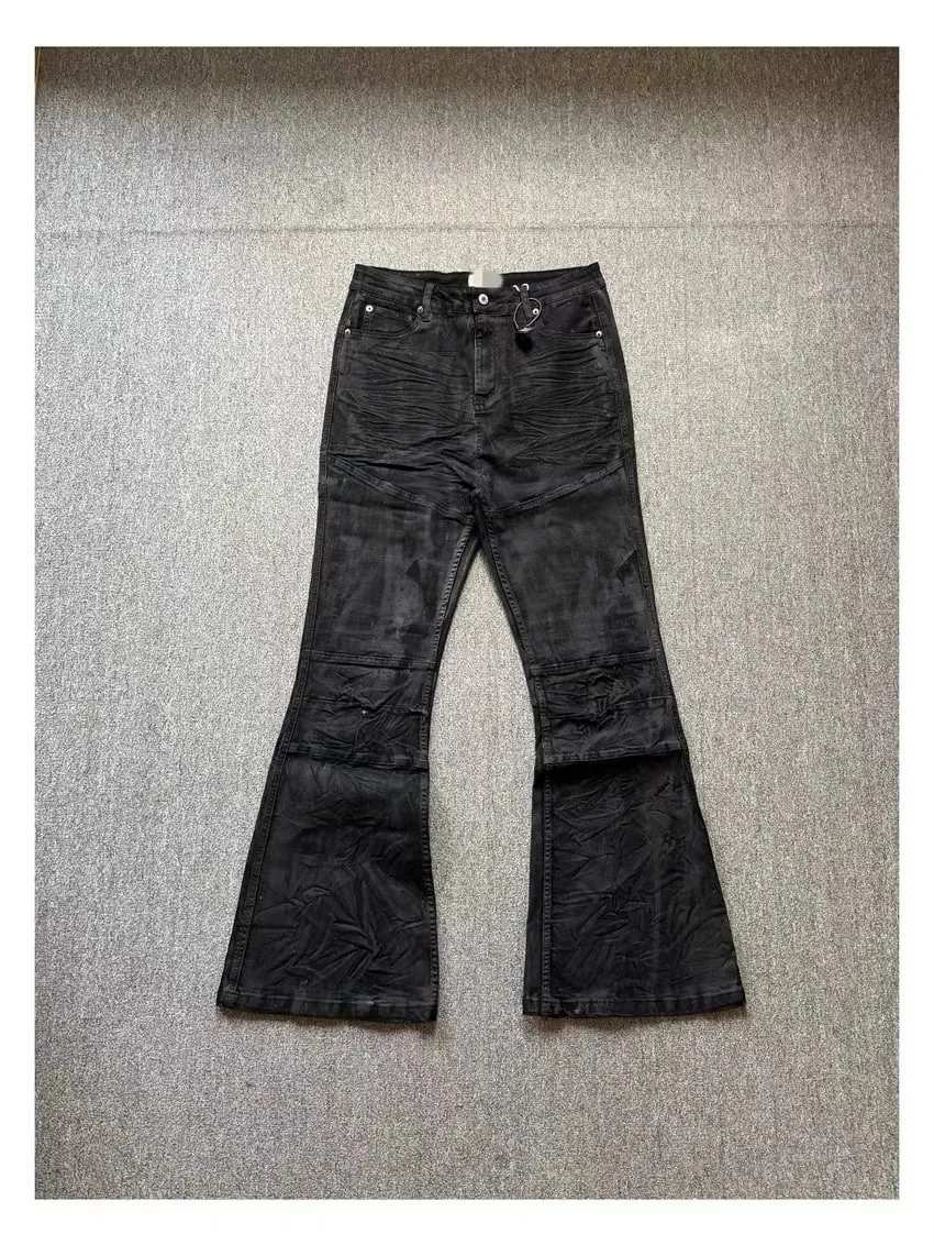 American retro heavy industry men and women black gothic retro casual loose jeans High street coated micro-flare jeans — image 6