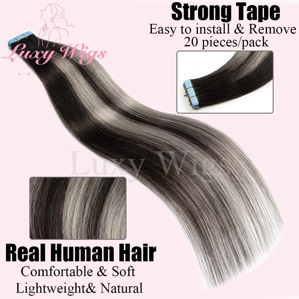 Highlights Gray Tape in Hair Extensions Human Hair Straight Black Blonde Seamless PU Skin Weft Tape In Hair Extensions 20PCS — image 2