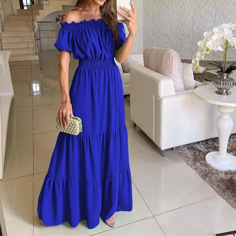 Vestido bohemio liso de verano 2025, vestido elegante a la moda para mujer, vestido de fiesta en la playa informal con cuello oblicuo, vestidos Maxi de oficina para mujer, bata para mujer