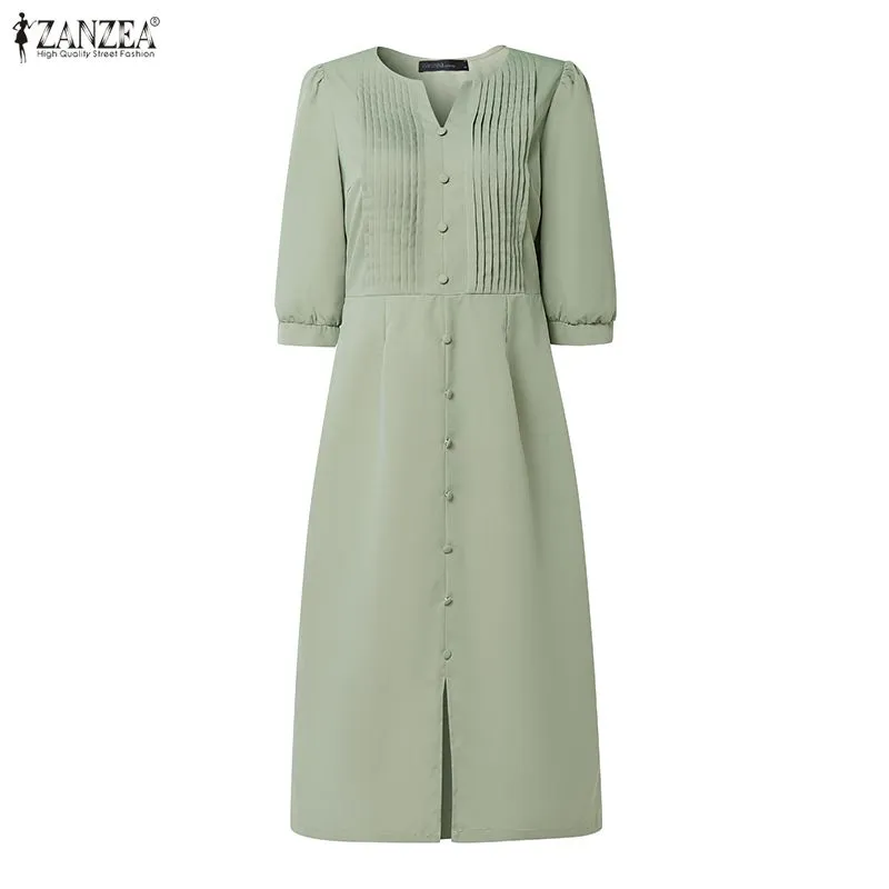 2026 ZANZEA Stylish Split Hem Dress Women Summer Sundress V Neck Half Sleeve Holiday Midi Robe Casual Solid Color Work Dresses — image 4