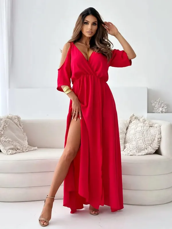 Zomer V-hals Rok Split Jurk Off-shoulder Mouwen Sexy Spaghetti Band Jurk Mode Elegante Losse Strand Jurken Gewaad femme