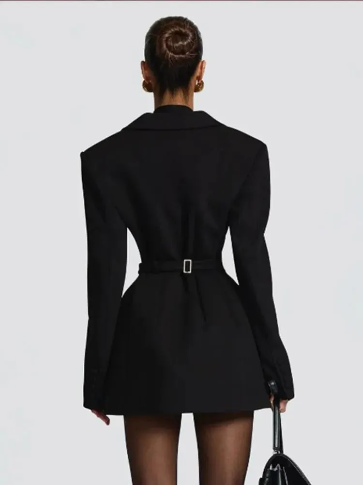 Solid Waist Cinching Blazer Dress Women Chic Long Sleeves Lapel V-neck Double Breasted Slim Short Dresses Lady Daily Street Gown — image 2