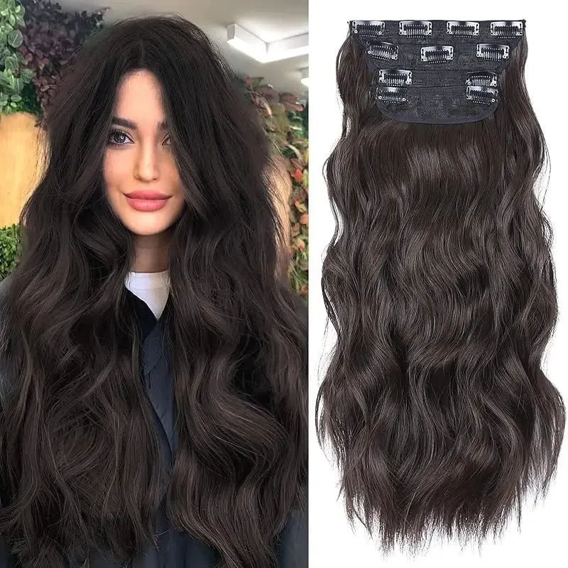 Black 20 Inch 4pcs Thick Hairpieces Long Wavy Natural Synthetic Clip in Hair Extensions for Women