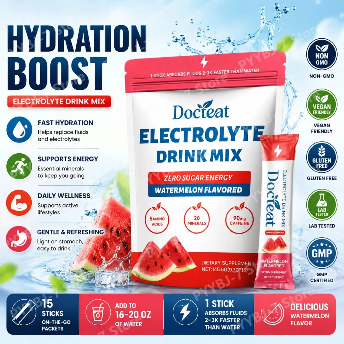 Zero Sugar Watermelon Electrolyte Powder with 90mg Caffeine Amino Acids Minerals Vitamins Provide Energy Replenishment 15 Sticks — image 1