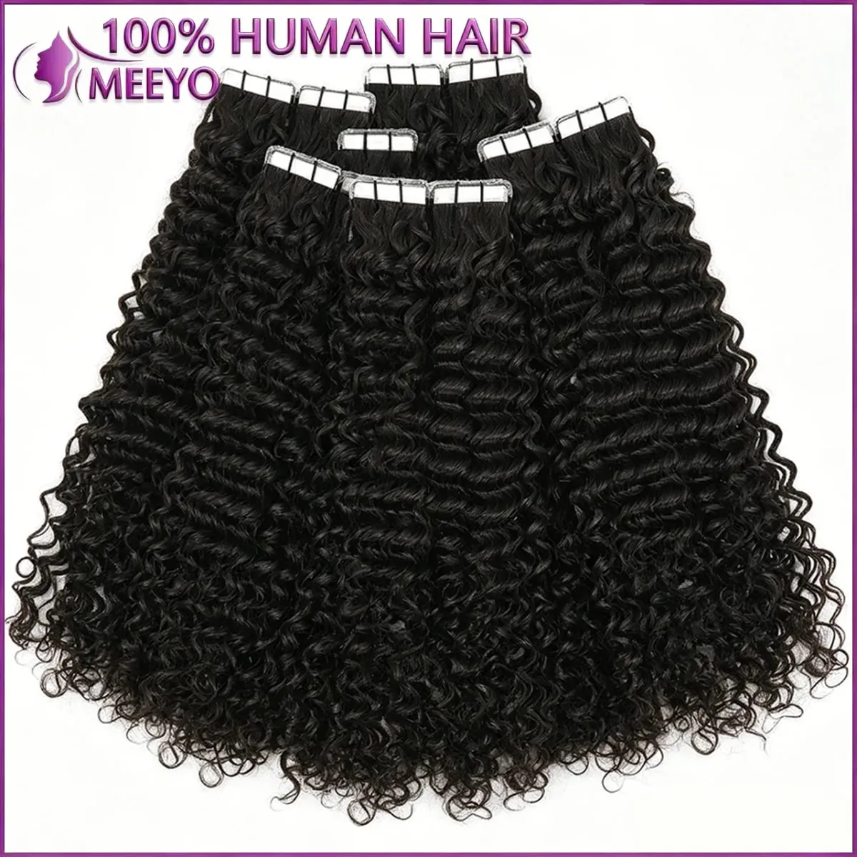 Deep Wave Curly Tape in Hair Extensions 100% Brazilian Human Hair Adhesive Tape on Extensions Human Hair Natural Black 16-26inch