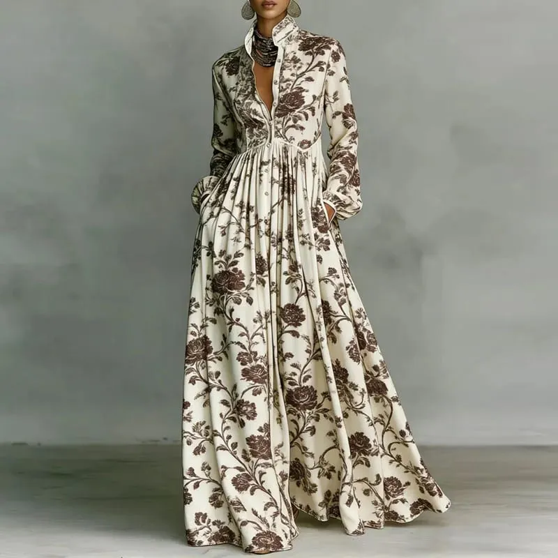 Robe plissée taille haute pour femme, motif rétro imprimé, col chemise, poches boutonnées, Maxi, manches longues, style Boho, vacances, printemps