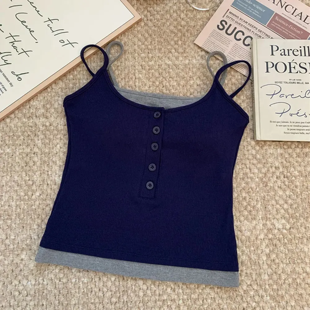 Top Tank Top Dua Keping Palsu Berlapis Kasual Y2K Butang Knit Berusuk Cami Slim Fit Tanpa Lengan Baju Atasan Dengan Pad Dada Untuk Dipakai Harian