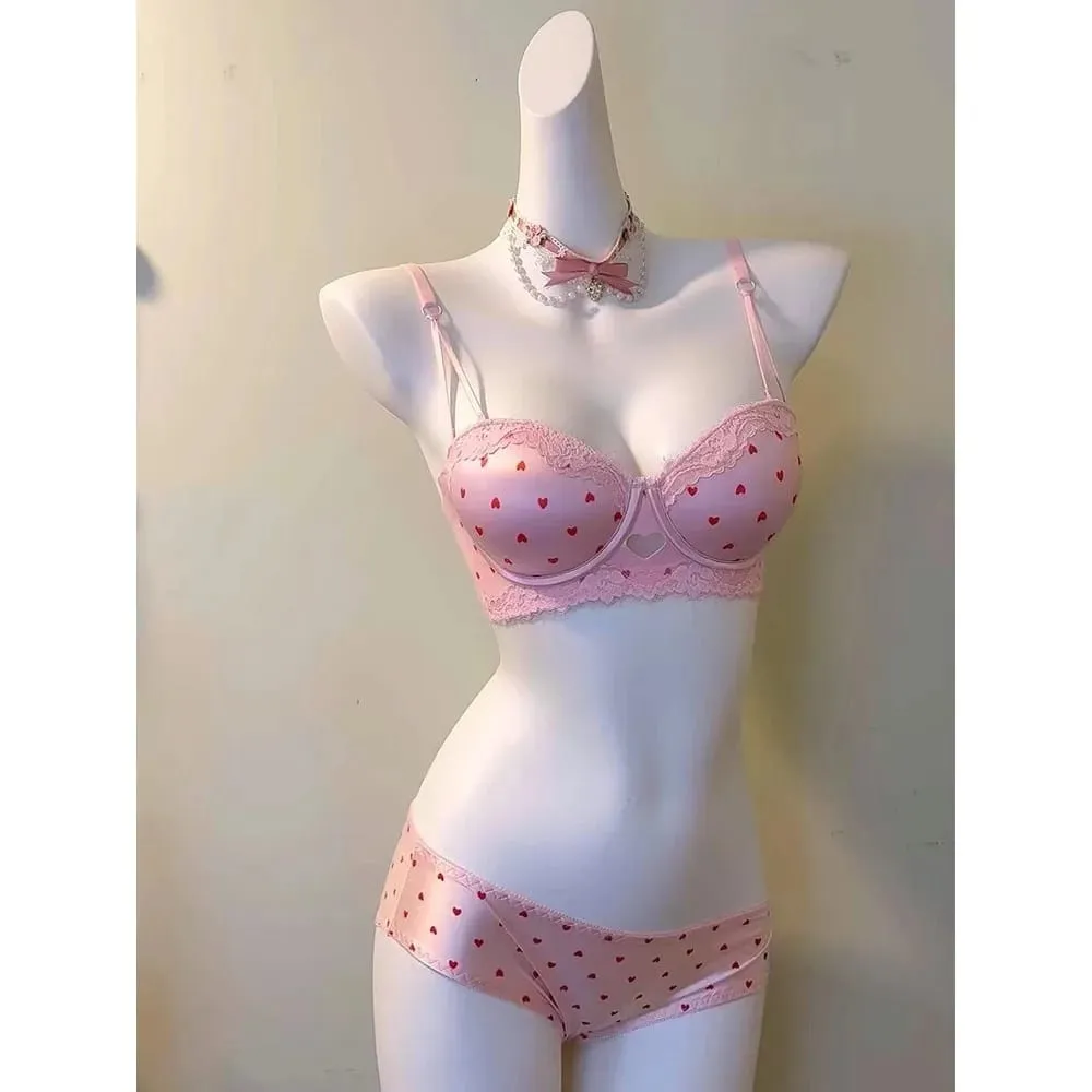 Sweet Girls Heart Lace Bra Set Sexy Push Up Lingerie for Small Breast Anti Sag Side Support Underwear 32‑38AB Bra Set