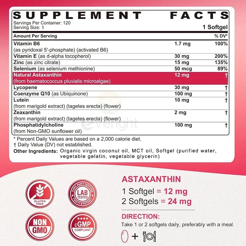 Liposomální astaxanthinové doplňky s lykopenem CoQ10 Lutein Vitamín B6 E Antioxidanty zinku pro zdravou pleť Stárnutí očí