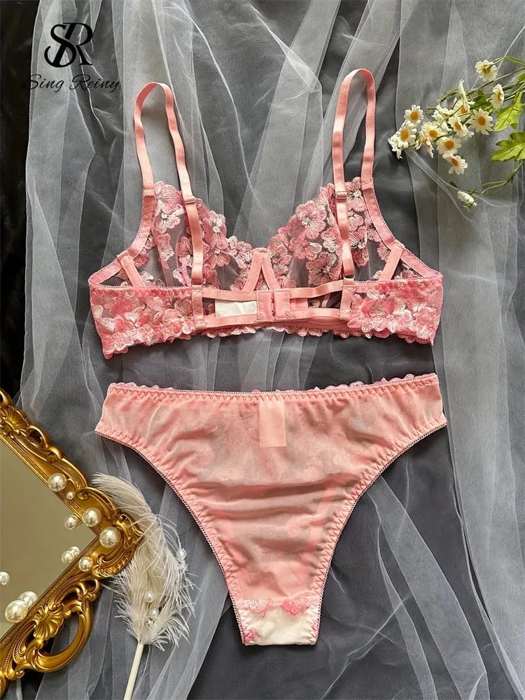 Διχτυωτό Sheer Εσώρουχα Δύο Κοστούμια Γαλλικά Floral Seusual Σετ Εσωρούχων Γυναικεία Κέντημα Σέξι Σετ σουτιέν και σλιπ — image 3