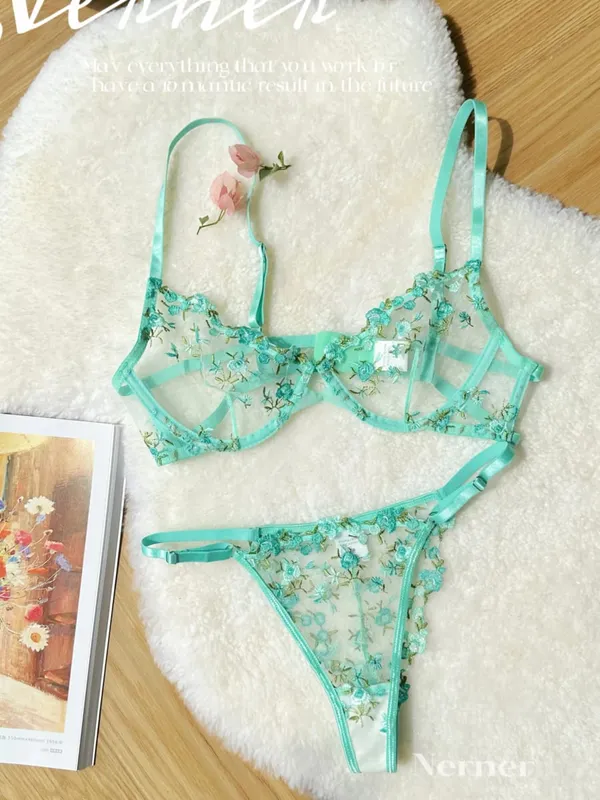 Kawaii Japanese Lingerie Set Sheer Tulle Pink Floral Embroidery Bra Bralette sek-si Pure Matching Set BANERDANNI Tushy Bras — image 11