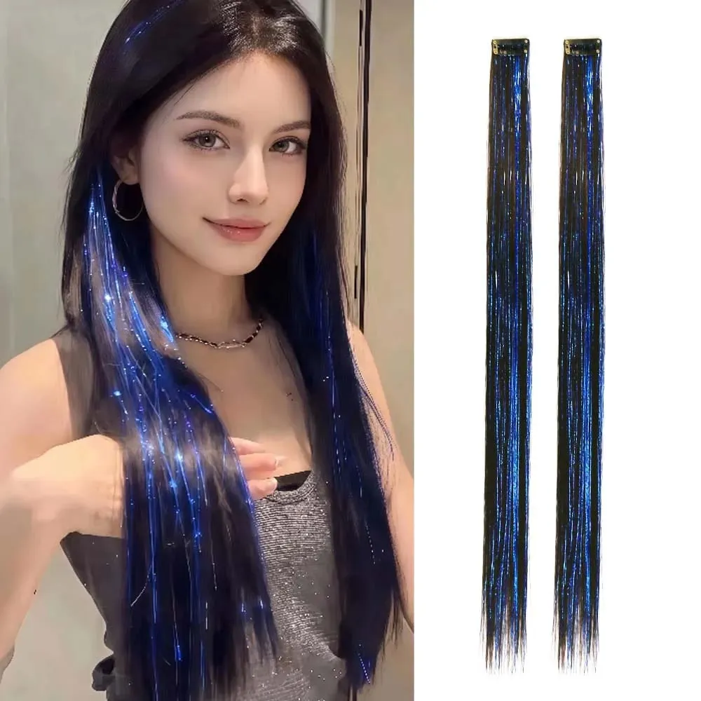 2PCS light brown with tinsel Hair Extensions 24inch Sparkling Hair Clips Multicolored Clip In On Hair Extension Synthetic Hair — image 8