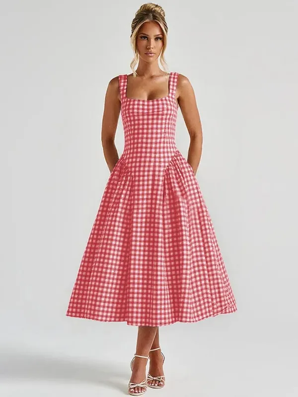 Plaid Printed Spaghetti Strap Sexy A-line Dress Women 2026 Elegant Summer Dress Backless Party Midi Dress Vestidos