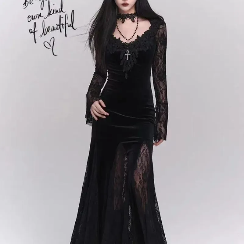 Winter Gothic Grunge Lace Dress Korean Fashion Design Festival Long Prom Dress Women Halloween Costume Sexy Slim Party Dresses — image 5
