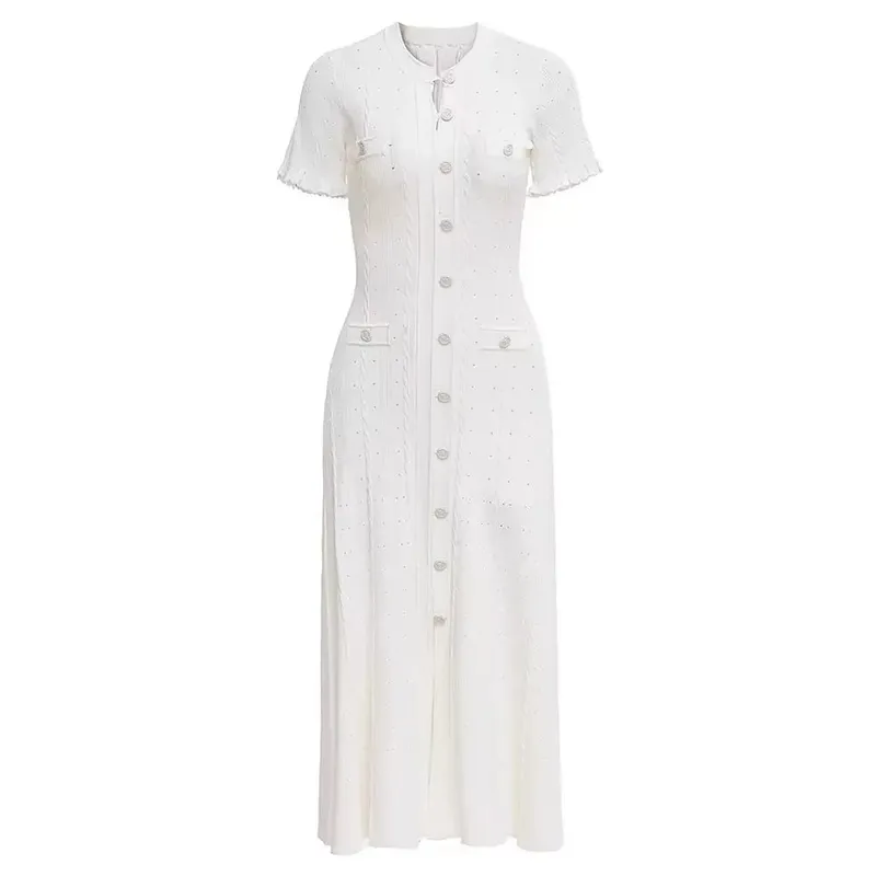 Vintage Cable Knit Midi Dress Button Front Ruffled Short Sleeve Pocket Design Elegant Party Casual Knitted Dress
