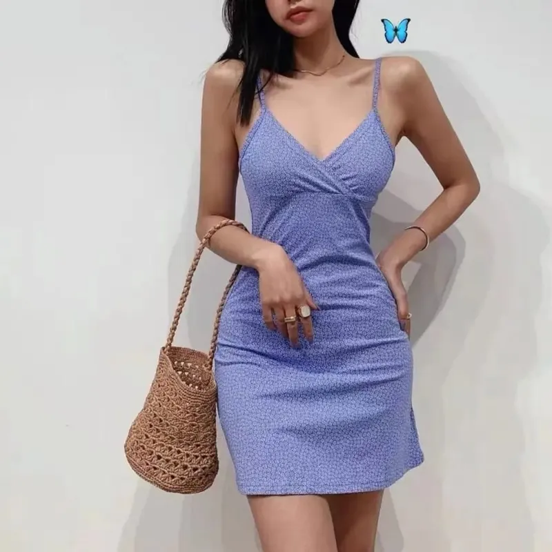 Korean V-neck Halter Floral Skirt a-line Skirt Floral Print Vintage Floral Mini Dress Retro Vintage Floral Halter Skirt Ladies
