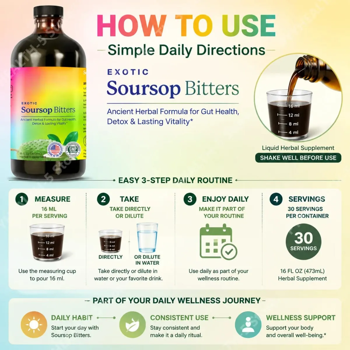 Herbal Soursop Bitters Liquid Supplement Black Seed Moringa Irish Moss Drops for Gut Digestive Wellness Immune 16 Fl Oz(473ml) — image 6