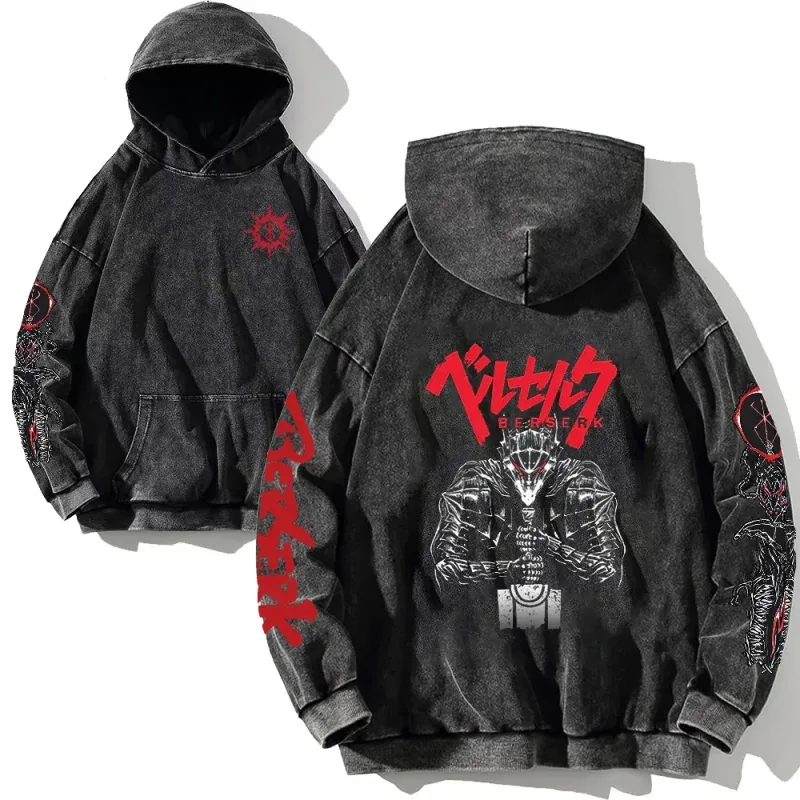 Support Custom Anime Berserk Graphic Hoodies Vintage Washed Oversized Hooded Cool Long Sleeves Cotton Hoodie Men Women Clothes — image 4