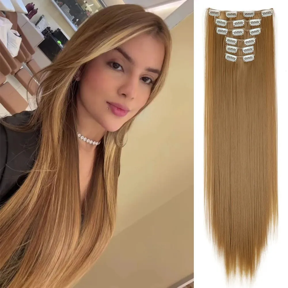 Black Hair Extensions 24"/60cm 6pcs/set Women Long Straight Synthetic Full Head Clip 16 Clips Ombre Heat Resistant Fiber Hair — image 20