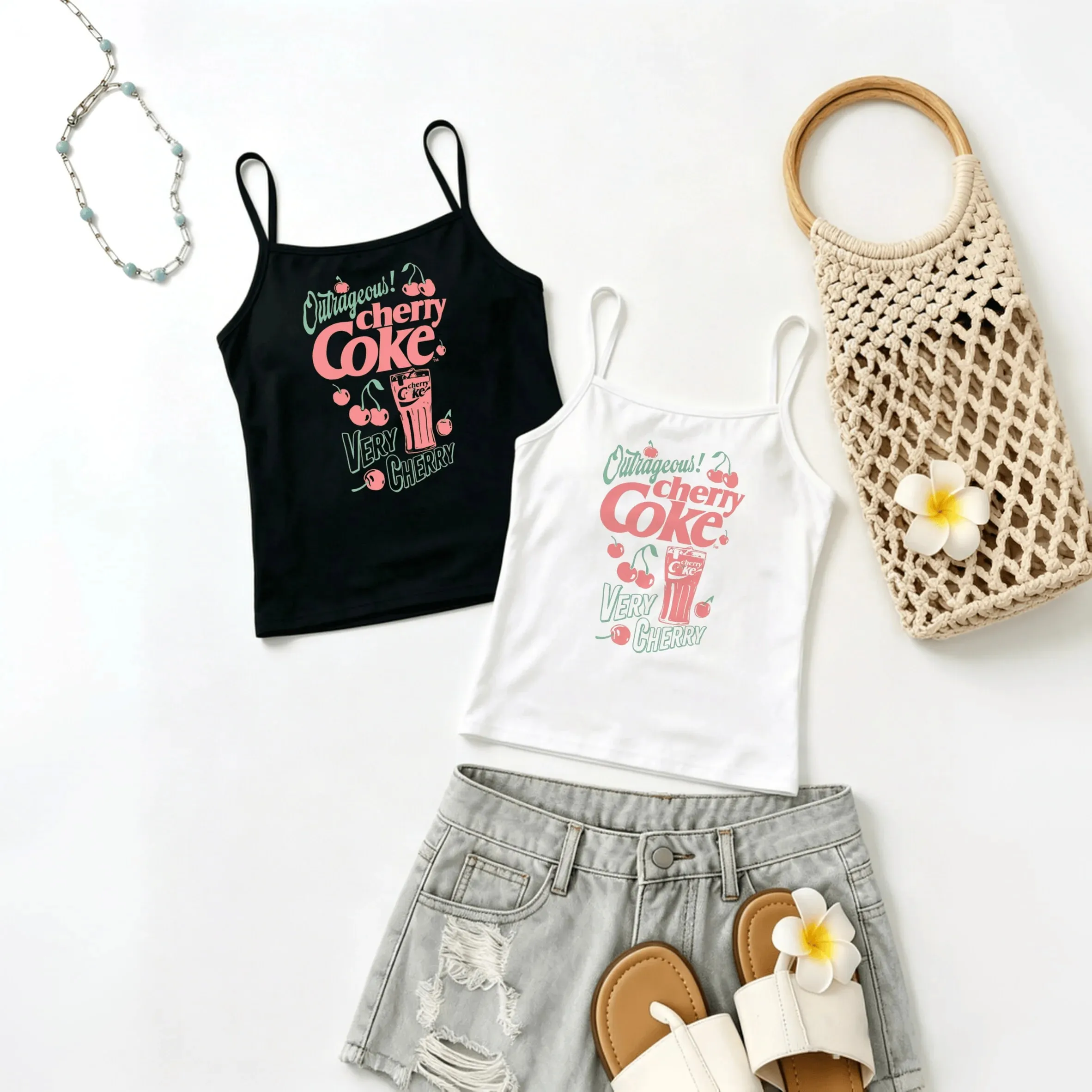 Retro Soda Aesthetic Women Spaghetti Strap Camisole Outrageous Cherry Coke Fruit Print Slim Sleeveless Summer Daily Tank Vest