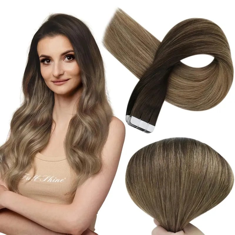 Full Shine Tape in Hair Extensions Balayage Tape ins Human Hair Extensions 20Pcs 50G Ombre Seamless Remy Skin Weft Hair — image 11