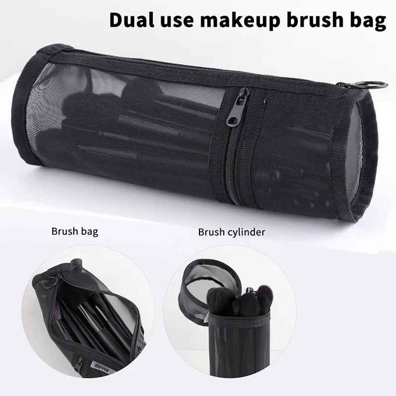 【M】Mesh Dual-use Makeup Brushes Holder Travel Cosmetic Bag Organizer Brushes Pens Tube Container Stand-up Pouch Cosmetic Tool