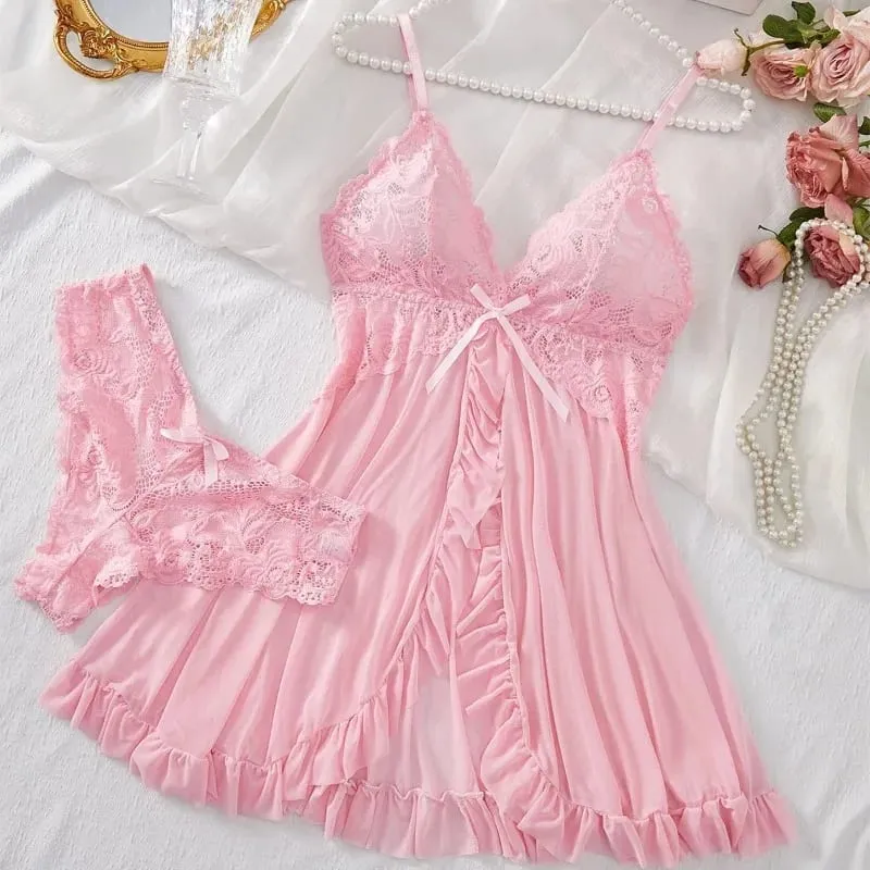 Women's Sexy Lace V-Neck Babydoll Lingerie Set 2 Piece Soft Nightdress with Panty Sleepwear for Honeymoon S-XL — image 11