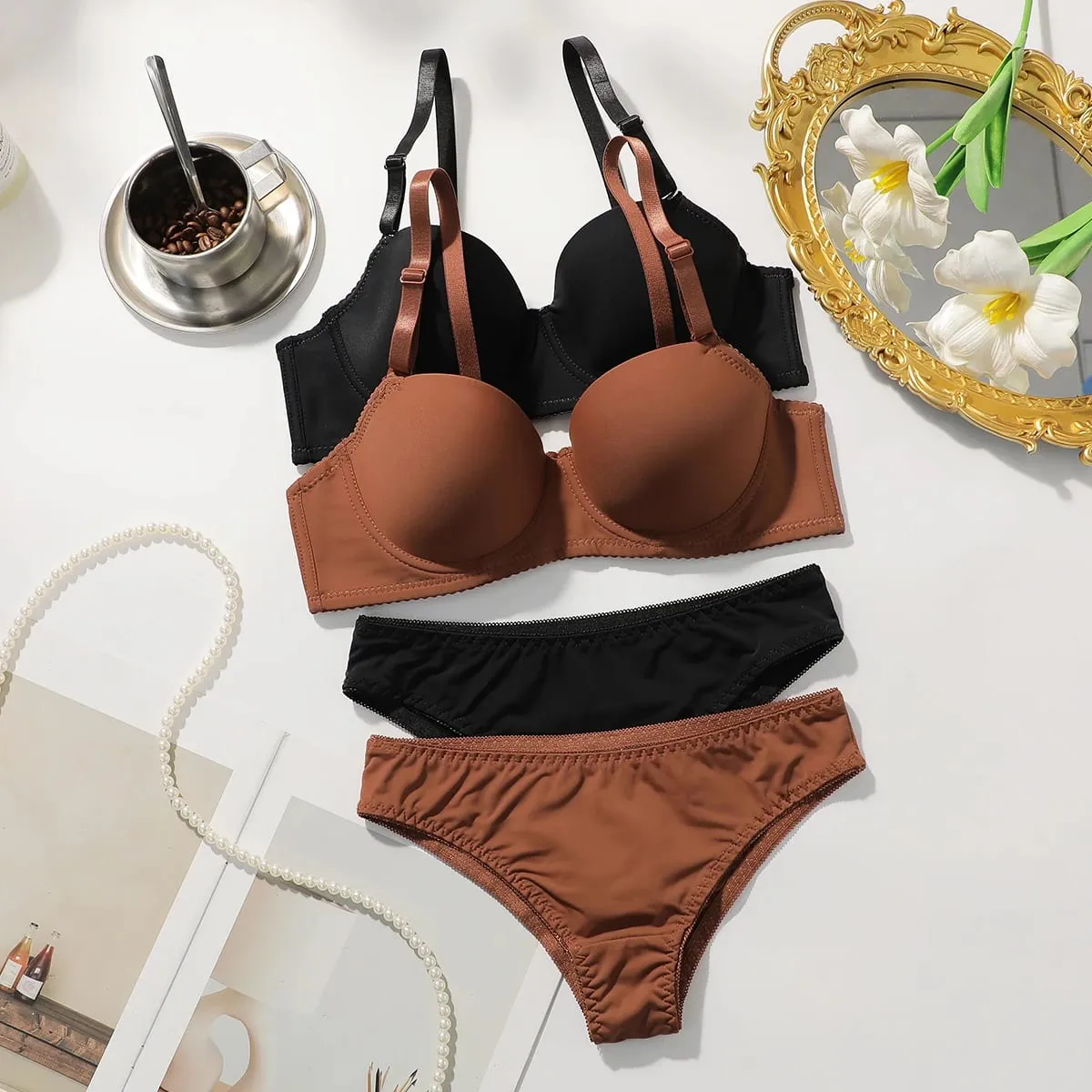 2 Set Solid Underwire Lingerie Set Women Push Up Bra Women Underwear Sets Comfortable Daily Lingerie J2611 — image 1
