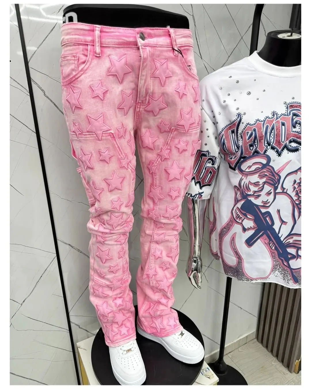 Men's Patch Five-pointed Star Washed Pink Fashionable Versatile Style Straight Leg Jeans Punnk Hip Hop Style Basic Denim Pants — image 2
