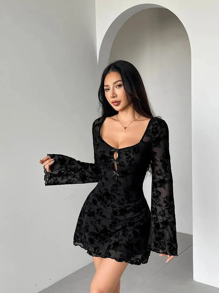 2026 Autumn New Women Floral Flocking Mesh Mini Dress Long Sleeve Square Neck Hollow Out Bow Tie Slim Bodycon Party Dresses — image 3