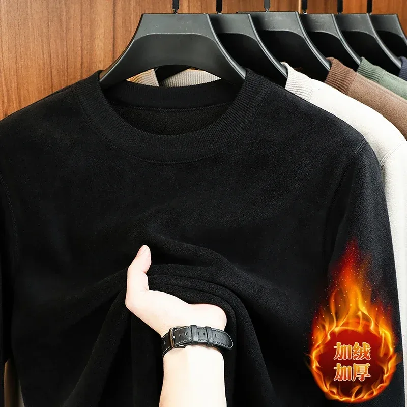 Autumn and Winter Men's Velvet Hoodie Long Sleeve Round Neck Solid Color Fashion Casual Versatile Top — image 1