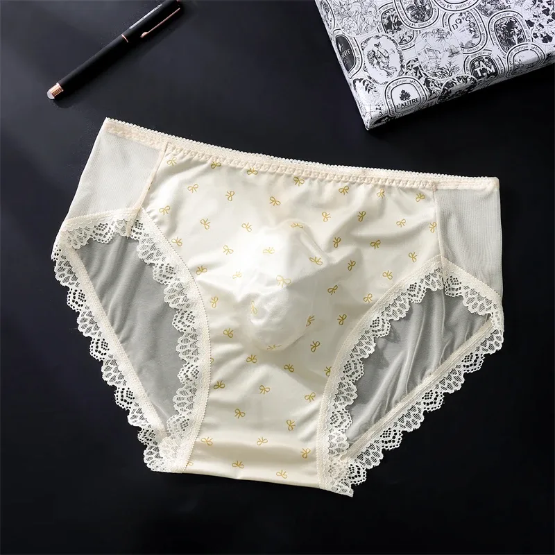 Soft men's underwear bow print lace calzoncillos hombre 3D space adults 18 plus size cueca nude feeling sissy cuecas masculino