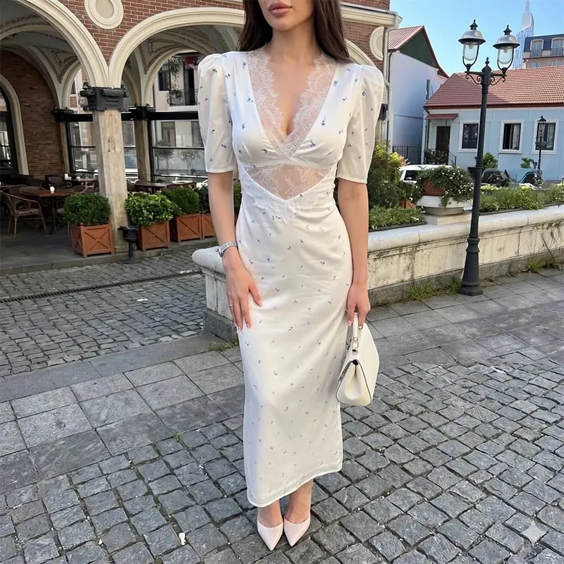 Sexy Hollow Lace Dress Women's Fashion Short Sleeve Elegant High Waist Slim Print Dress Summer Party Club Clothes Female — image 6