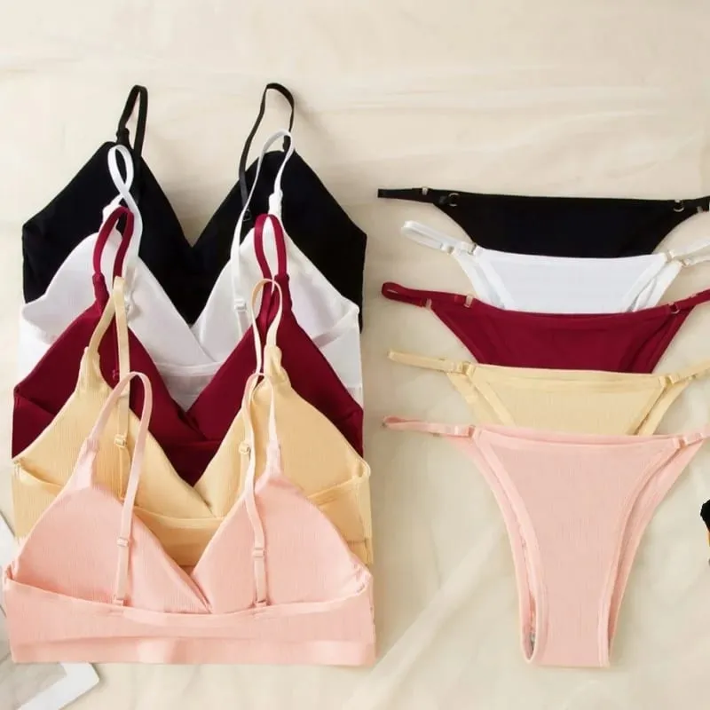Women Ribbed Triangle Bra And Panties Set Wireless V Neck Thin Strap Bra Low Waist Briefs Ladies Removable Pads Lingerie Set — image 4