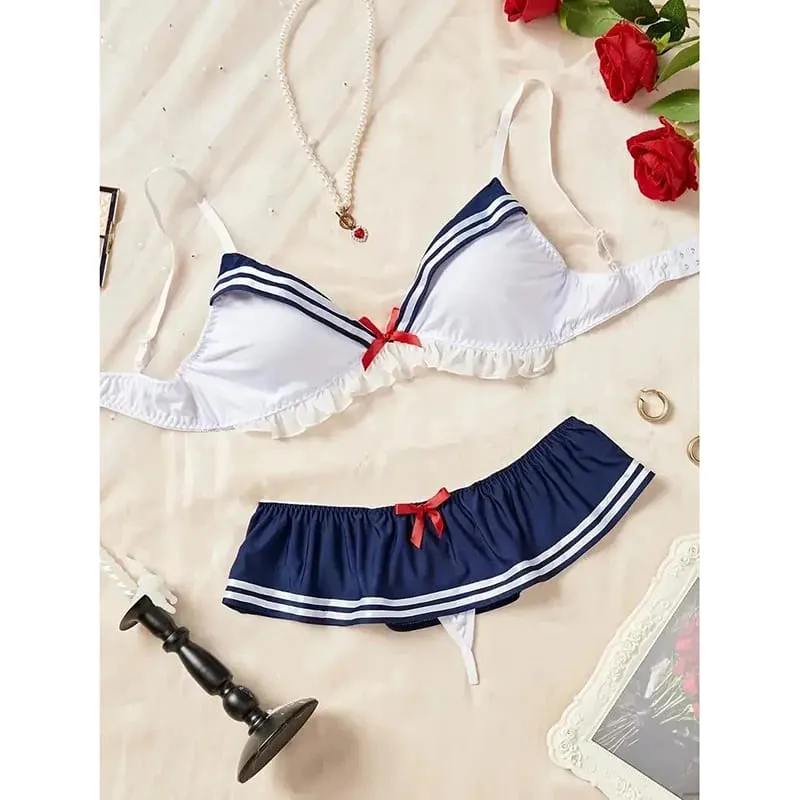 Erotic Sexy Student Uniform Bra And Panty Set Underwear Transparent Bra Exotic Sets Sexy Thong Woman Porn Lingerie Women Costume