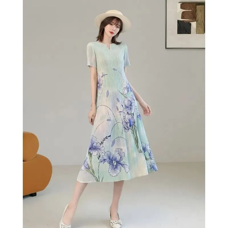 Miyake Ink Print Short Sleeve Dresses 2026 Summer New Short Sleeve Elegant Artistic Fashion Draped Elastic Women's Pleated Dress — image 3
