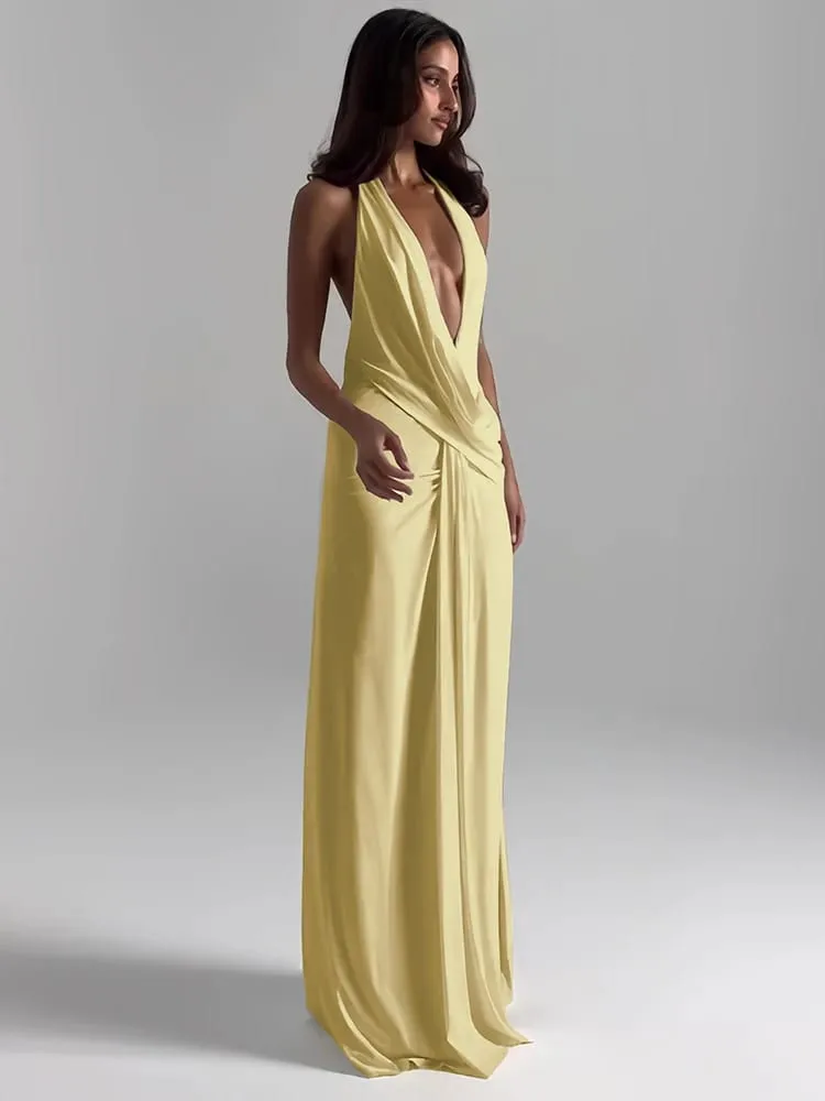Cutenew Party Simple Women Maxi Dresses Solid Trend Halter Cross Swinging Neck Backless V-neck High Split Bodycon Mujer Vestidos — image 6